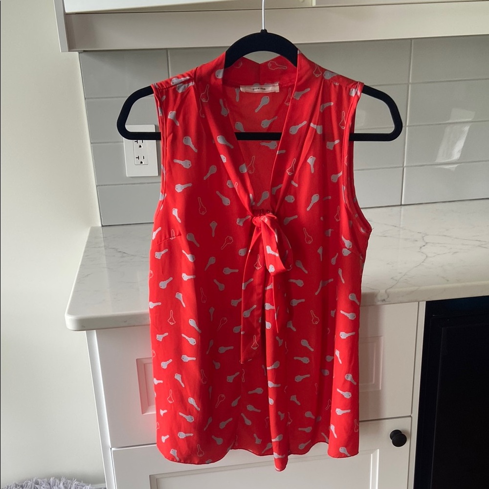 Red Poema Sleeveless Blouse with Tie Neck. Beautiful.